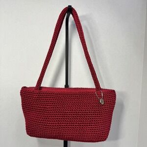 The Sak Red Crochet Shoulder Bag Woven Zip Top Boho Classic Mini Purse with Card